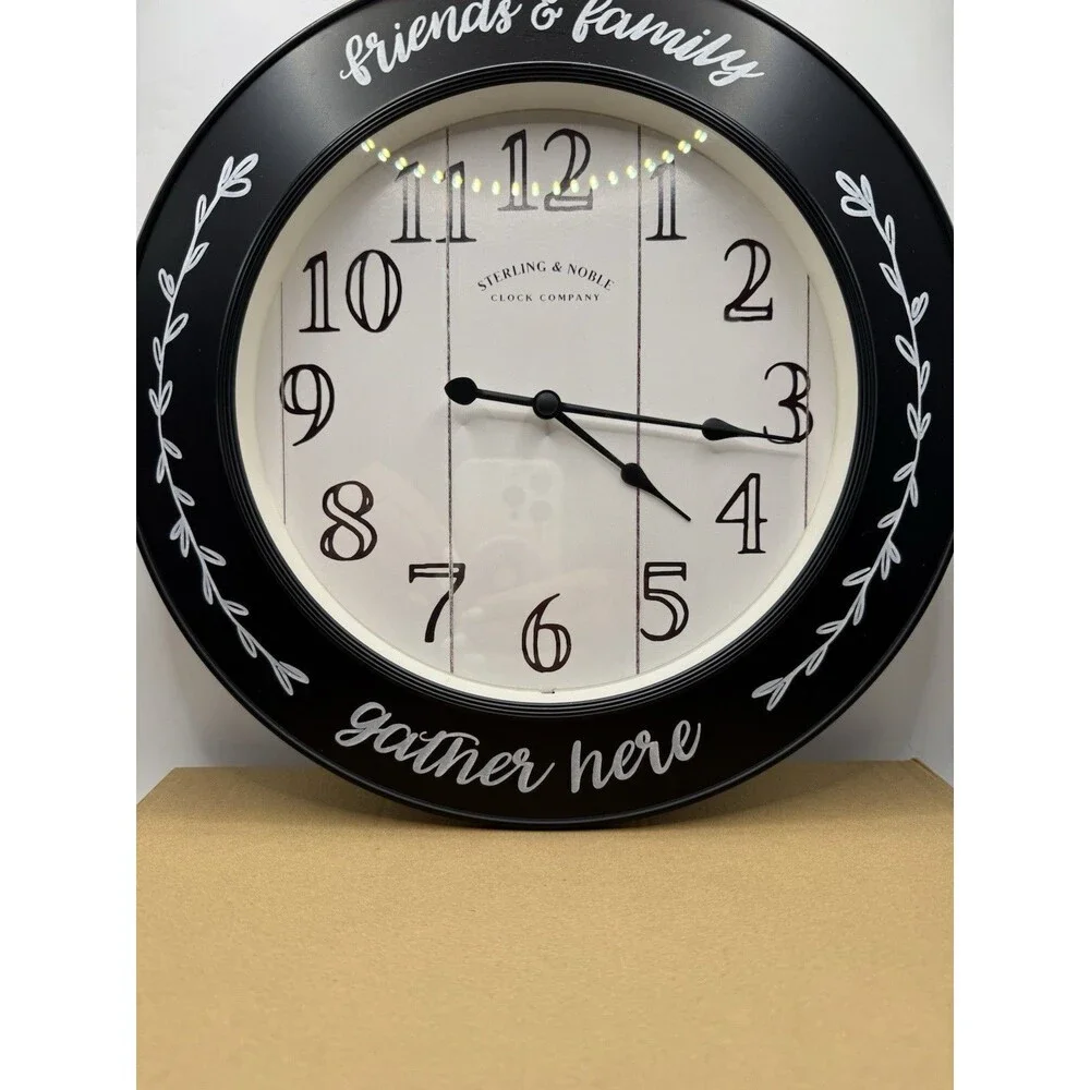 Farmhouse Wall Clock “Friends & Family Gather Here” Rustic Black 12” Decor